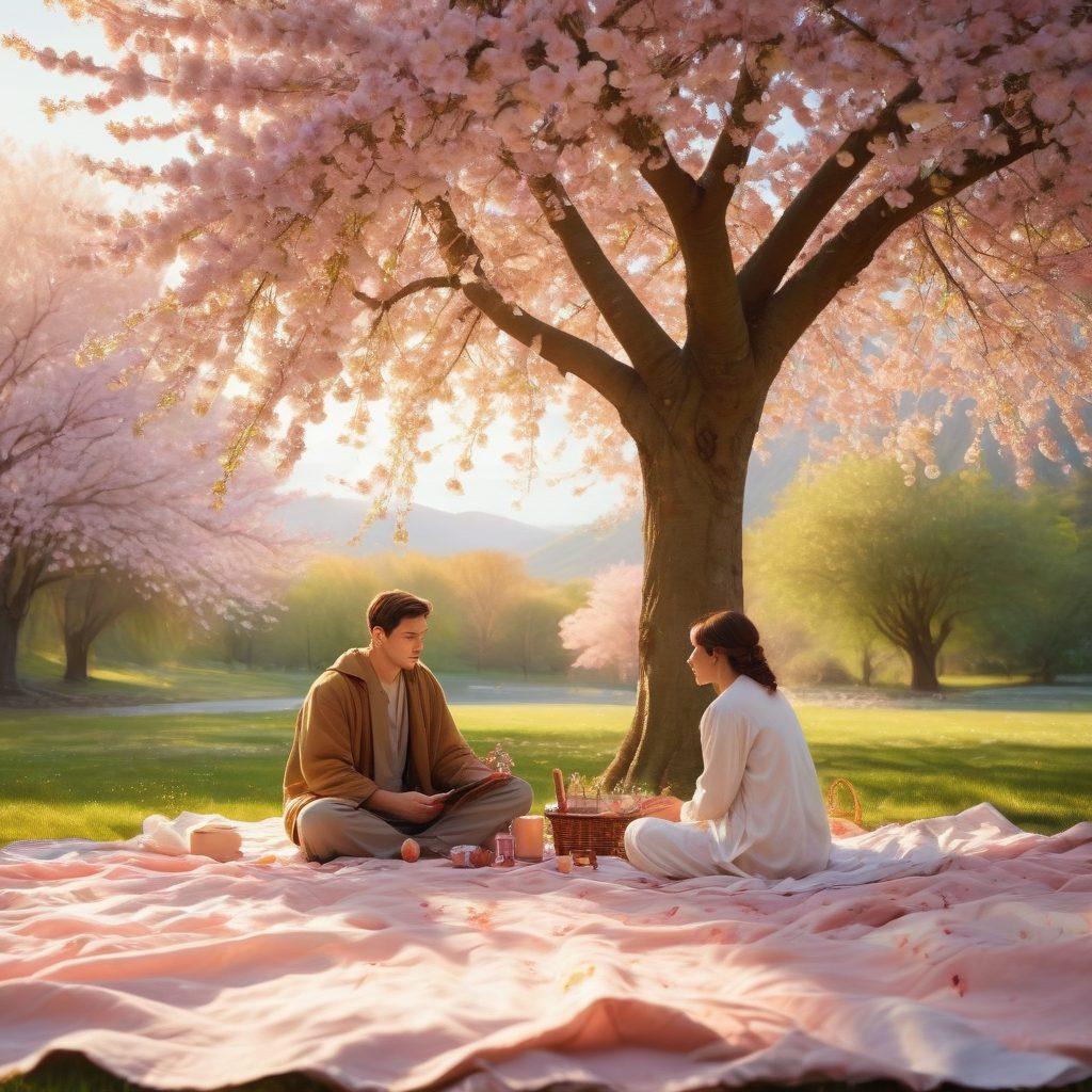 A serene landscape featuring two figures sitting on a picnic blanket, sharing a heartfelt conversation under a blooming cherry blossom tree. The warm sunlight filters through the branches, creating a golden glow around them. Soft, delicate petals float in the air, symbolizing openness and connection. Include subtle heart shapes in the background to represent love and trust. vibrant colors. super-realistic.