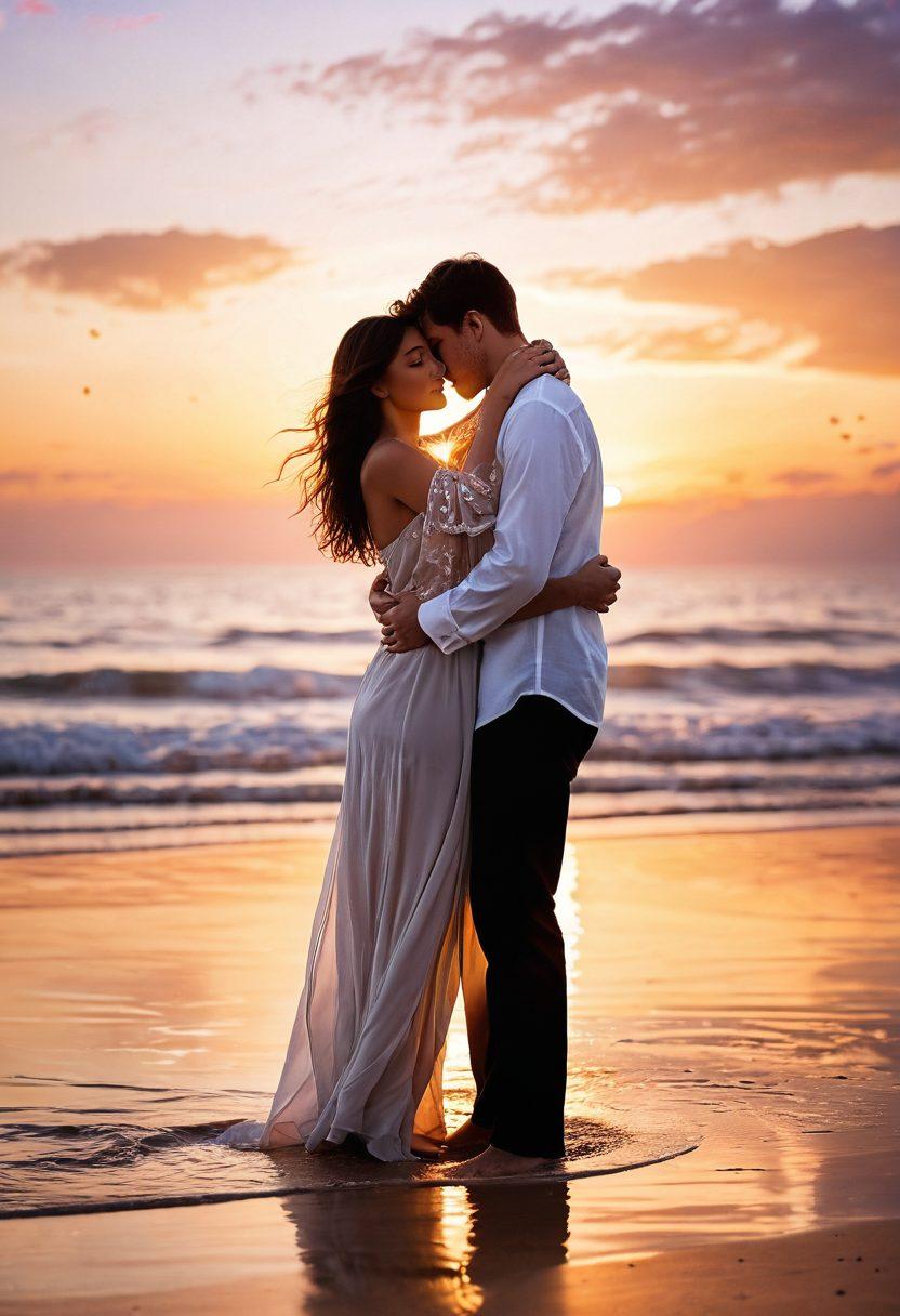 A tender moment between two people enveloped in a warm embrace under a softly lit sky, with gentle waves lapping at their feet. The atmosphere conveys deep emotion and connection, complemented by ethereal floating hearts and soft light flares. The background features a serene landscape, hinting at the journey of love. soft focus, warm colors, romantic atmosphere.