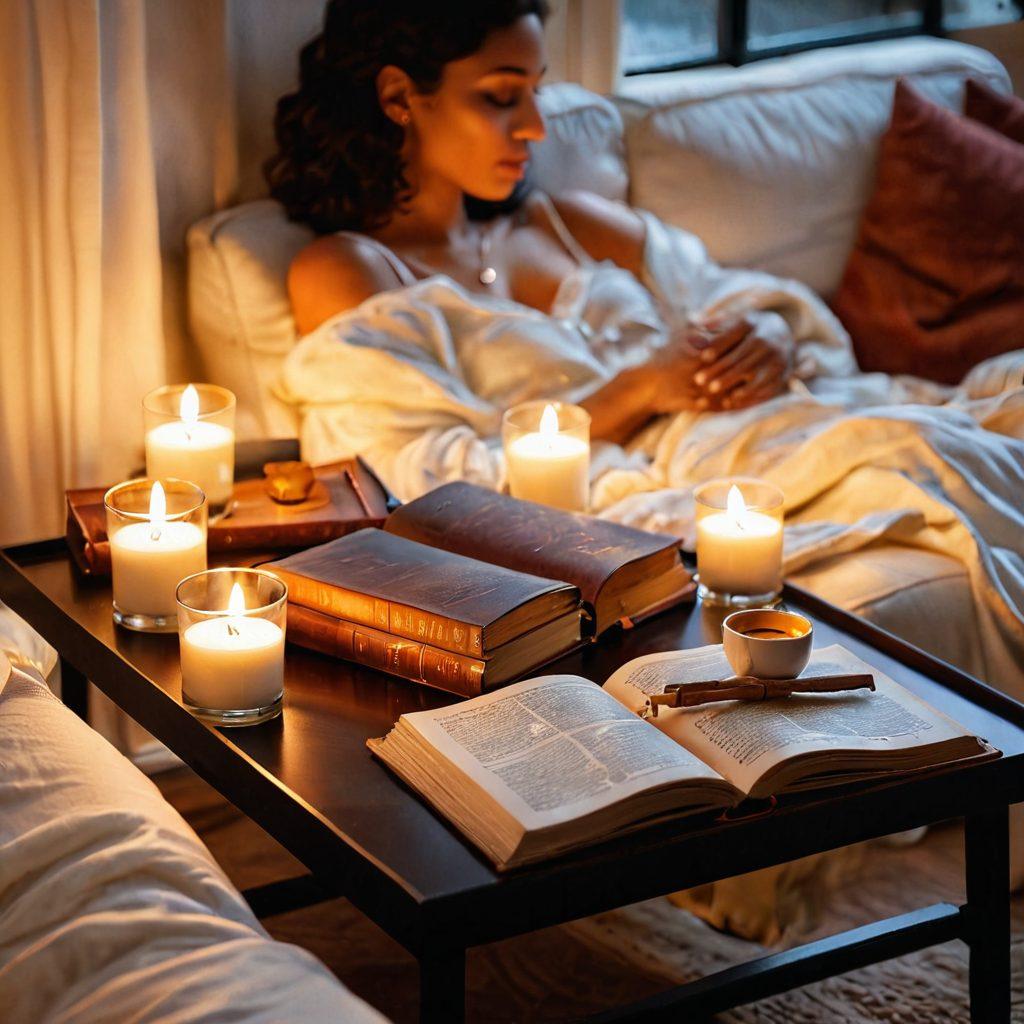 A cozy, warmly lit room with a couple sitting on a soft couch, sharing an intimate moment, their expressions reflective and open. Surrounding them, delicate white candles flicker, casting gentle shadows, while a soft blanket drapes over their laps. Add in elements symbolizing vulnerability, like a heart-shaped stone and open books on the coffee table. Capture the essence of deep affection and trust. super-realistic. vibrant colors. warm tones.